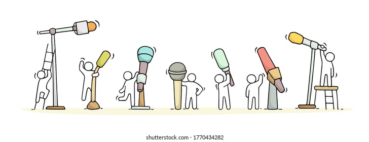 Cartoon working little people with microphones. Doodle cute miniature scene of workers about conference. Hand drawn vector illustration for business and media design.