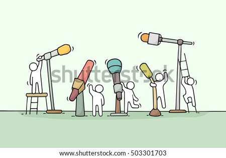 Cartoon working little people with microphones. Doodle cute miniature scene of workers about conference. Hand drawn vector illustration for business and media design.