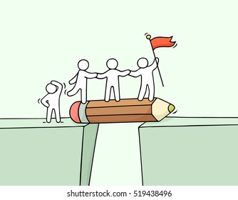 Cartoon working little people near abyss. Doodle cute miniature scene of team on the bridge like pencil. Hand drawn vector illustration for business design and infographic.