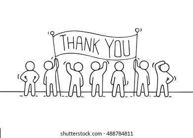 Cartoon working little people with phrase Thank you. Doodle cute miniature scene of workers hold banner. Hand drawn vector illustration for business design.