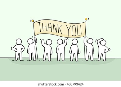 Cartoon Working Little People With Phrase Thank You. Doodle Cute Miniature Scene Of Workers Hold Banner. Hand Drawn Vector Illustration For Business Design.