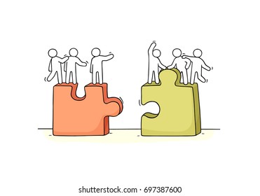 Cartoon working little people with puzzles. Doodle cute miniature scene of two teams. Hand drawn vector illustration for business and social design.