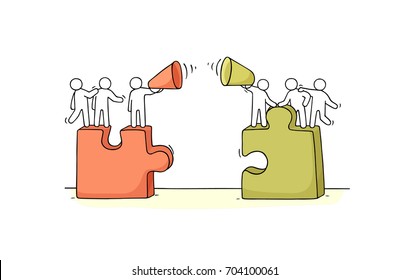 Cartoon working little people with puzzles. Doodle cute miniature scene of two teams. Hand drawn vector illustration for business and social design.