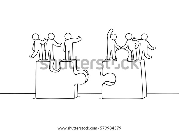 Cartoon working little people with puzzles.\
Doodle cute miniature scene of two teams. Hand drawn vector\
illustration for business and social\
design.