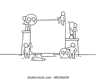 Cartoon working little people with quote. Doodle cute miniature scene of workers with blank space. Hand drawn cartoon vector illustration for business design.