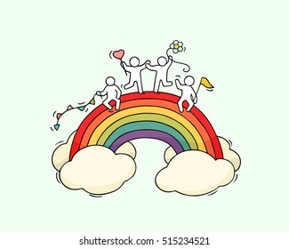 Cartoon working little people with rainbow. Doodle cute miniature scene of workers sit in the clouds. Hand drawn cartoon vector illustration for holiday design.