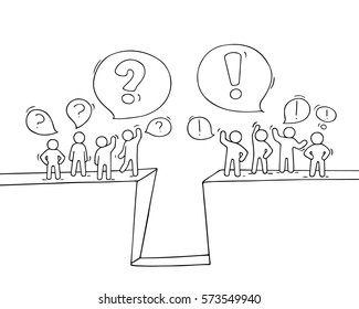 Cartoon working little people with speech bubbles. Doodle cute miniature scene of teams near the precipice. Hand drawn vector illustration for business and social design.