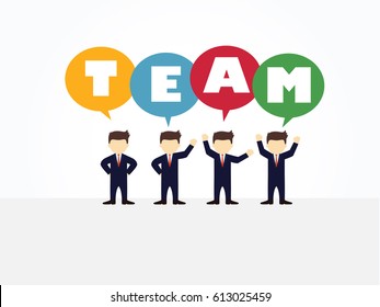 Cartoon working little people with speech bubbles and team wording. Vector illustration for business design and infographic.