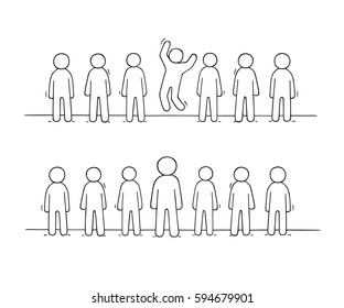 Cartoon working  little people stand in a row. Doodle cute miniature scene of workers about individuality. Hand drawn vector illustration for business design.