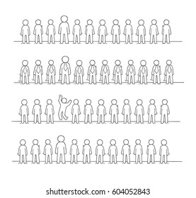 Cartoon Working  Little People Stand In A Row. Doodle Cute Miniature Scene Of Workers About Partnership. Hand Drawn Vector Illustration For Business Design.