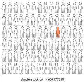 Cartoon working  little people stand in a row. Doodle cute scene of workers about individuality. Hand drawn vector illustration for business design.