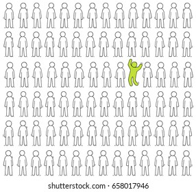 Cartoon working  little people stand in a row. Doodle cute scene of workers about individuality. Hand drawn vector illustration for business design.