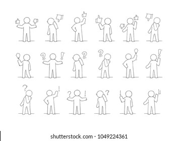 Cartoon working little people with thinking signs. Doodle cute miniature scene about communication. Hand drawn vector illustration for business and social design.