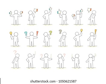 Cartoon working little people with thinking signs. Doodle cute miniature scene about communication. Hand drawn vector illustration for business and social design.