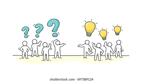 Cartoon working little people with thinking signs. Doodle cute miniature scene of two teams. Hand drawn vector illustration for business and social design. svg