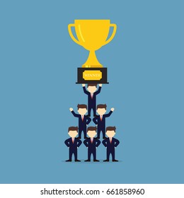 Cartoon working little people with trophy. Vector illustration for business design and infographic.
