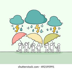 Cartoon working little people with umbrella. Doodle cute miniature scene of workers hiding from rain. Hand drawn cartoon vector illustration for business design.