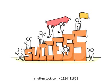 Cartoon working little people with word Success. Doodle cute miniature scene of workers about leadership. Hand drawn cartoon vector illustration for business design.