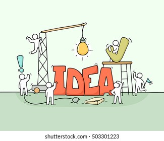 Cartoon working little people with word Idea. Doodle cute miniature scene of workers about creativity. Hand drawn cartoon vector illustration for business design.