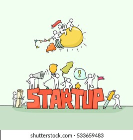 Cartoon working little people with word StartUp. Doodle cute miniature scene of workers with flying lamp idea. Hand drawn cartoon vector illustration for business design.