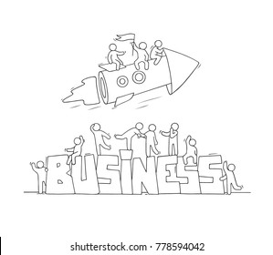 Cartoon working little people with word Business. Doodle cute miniature scene of workers with flying rocket. Hand drawn cartoon vector illustration for business design.