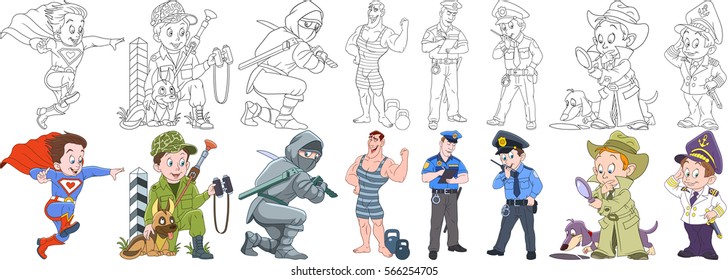 Cartoon Working People Set. Collection Of Professions. Superman, Military Soldier With Guard Dog, Ninja, Athlete (bodybuilder), Police Officer (cop), Detective, Sailor. Coloring Book Pages For Kids.