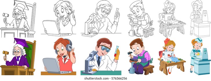 Cartoon working people set. Collection of professions. Judge, operator of call center, chemical scientist, shoemaker (cobbler), seamstress (tailor), supermarket cashier. Coloring book pages for kids.