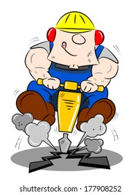 A cartoon workman drilling the road with a pneumatic drill