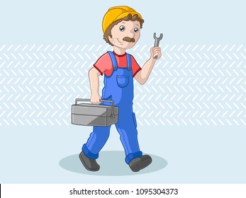 Cartoon workman with a tool box