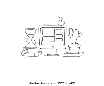 Cartoon workplace with computer, books, cactus. Doodle cute miniature about education and e-learning. Hand drawn cartoon vector illustration for school subject design.