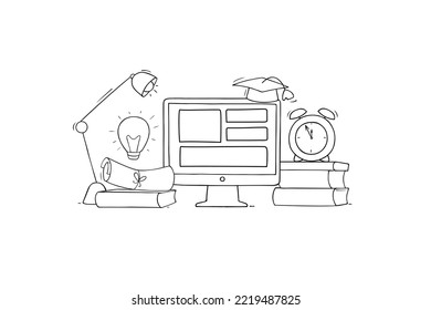 Cartoon workplace with lamp idea and computer. Doodle cute miniature about education and e-learning. Hand drawn cartoon vector illustration for school subject design.