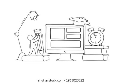 Cartoon workplace with man and computer. Doodle cute miniature about education and e-learning. Hand drawn cartoon vector illustration for school subject design.