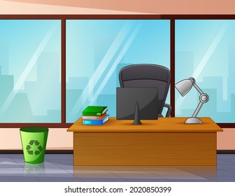 Cartoon workplace room interior with computer illustration	