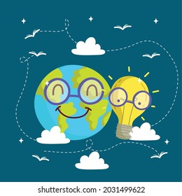 cartoon world and bulb with glasses