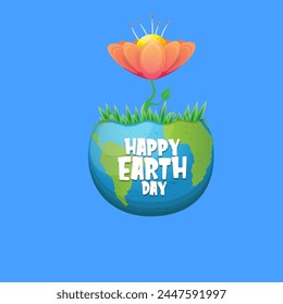 cartoon World earth day greeting card or banner with earth globe isolated on blue sky background. Vector World earth day concept poster illustration with planet Earth isolated on green background