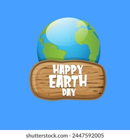 cartoon World earth day greeting card or banner with earth globe isolated on blue sky background. Vector World earth day concept poster illustration with planet Earth isolated on green background
