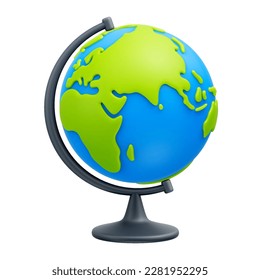 Cartoon world globe with stand 3d vector icon on white background. Globe of planet Earth for concept of kids learning or world traveling