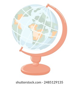 Cartoon world globe with stand 3d vector icon on white background. Globe of planet Earth for concept of kids learning or world traveling.