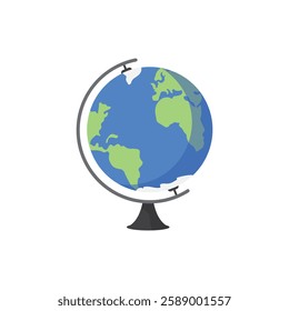 Cartoon world globe with stand 3d vector icon on white background. Globe of planet Earth for concept of kids learning or world traveling