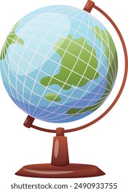Cartoon world globe with stand icon on white background. Globe of planet Earth for concept of kids learning or world traveling
