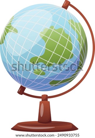 Cartoon world globe with stand icon on white background. Globe of planet Earth for concept of kids learning or world traveling