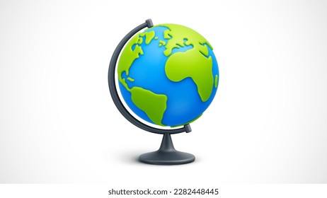 Cartoon world globe with stand on white background. Globe of planet Earth for concept of kids learning or world traveling. Vector illustration