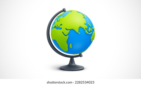 Cartoon world globe with stand on white background. Globe of planet Earth for concept of kids learning or world traveling. Vector illustration