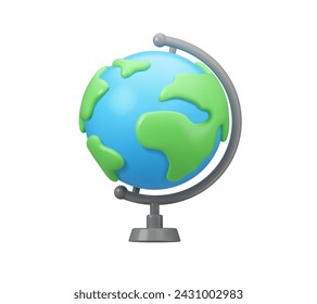 Cartoon world globe with stand. Vector 3d Earth model isolated on white background. School equipment for geography, simple clay style