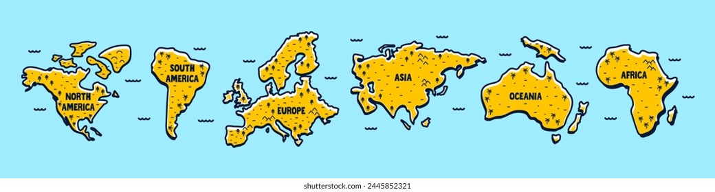 Cartoon world map with all the continents. World map hand drawn in colorful cartoon style. World map poster for children. 