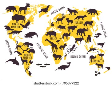 Cartoon world map with Animals Silhouettes.