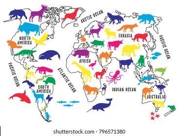 Cartoon World Map with Animals Silhouettes for Kids.