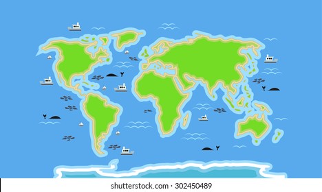 cartoon world map with details on sea