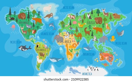 Cartoon world map for kids nursery with forest animals. Children geography education with europe, asia, australia and america vector poster. Continents washed by oceans for learning