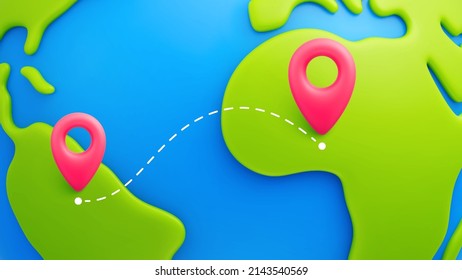 Cartoon world map with red destination marker pointers and travel route. World traveling or GPS navigation concept. Vector background